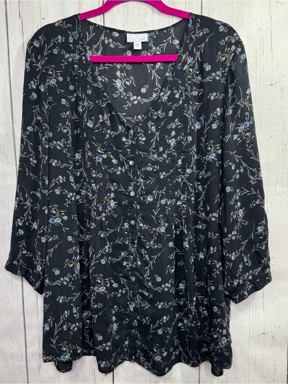 J Jill Black Floral Button Front Blouse Cottagecore Boho Romantic Relaxed Fit XL